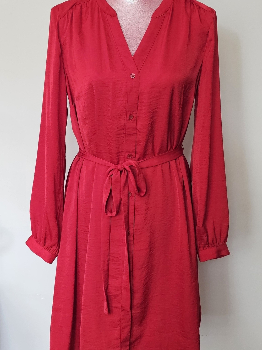 Old Navy Red Long-Sleeve Tie-Waist Shirt Dress
